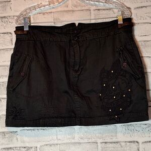 Vintage Y2K Kaporal Black Mini Skirt embroidered skull‎ and rhinestones cargo